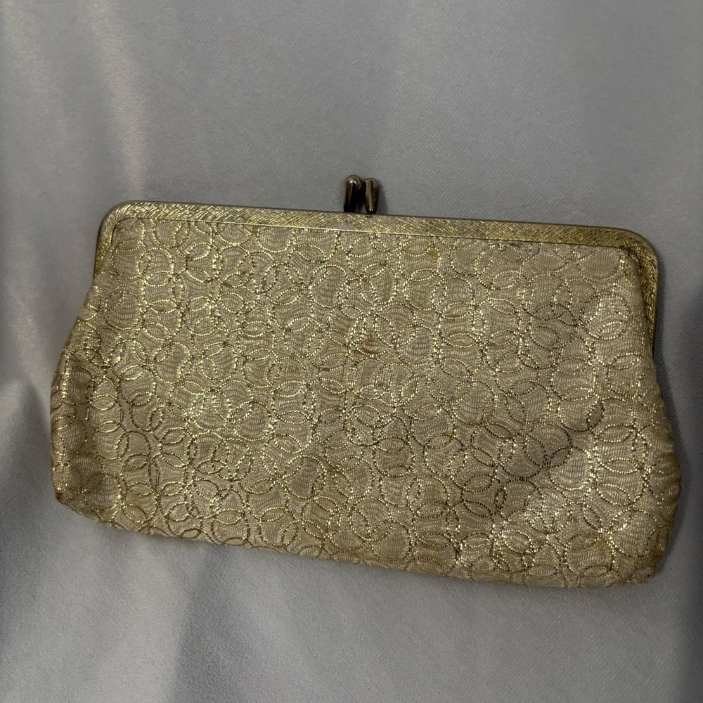 Vintage Kiss Lock Evening Clutch Purse Gold Brocade Glam 1960s